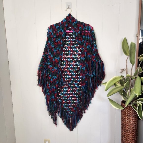 Vintage Accessories - Vintage Crochet Shawl 70s Witchy Boho bohemian Hippie Grandmacore Rainbow Purple